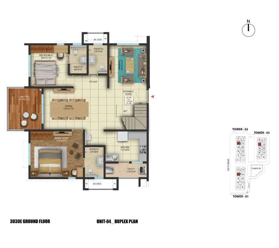 2 BHK East Facing Floor Plan