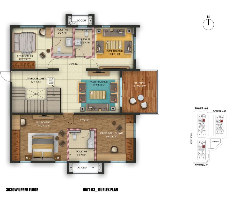 3 BHK 1480 West Facing Floor Plan in Luxury Apartments
