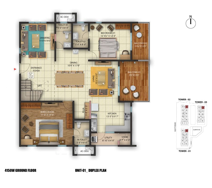 3+1 BHK East Facing Floor Plan of Luxury Apartments Near Hitech City, Madhapur, Hyderabad, Telangana