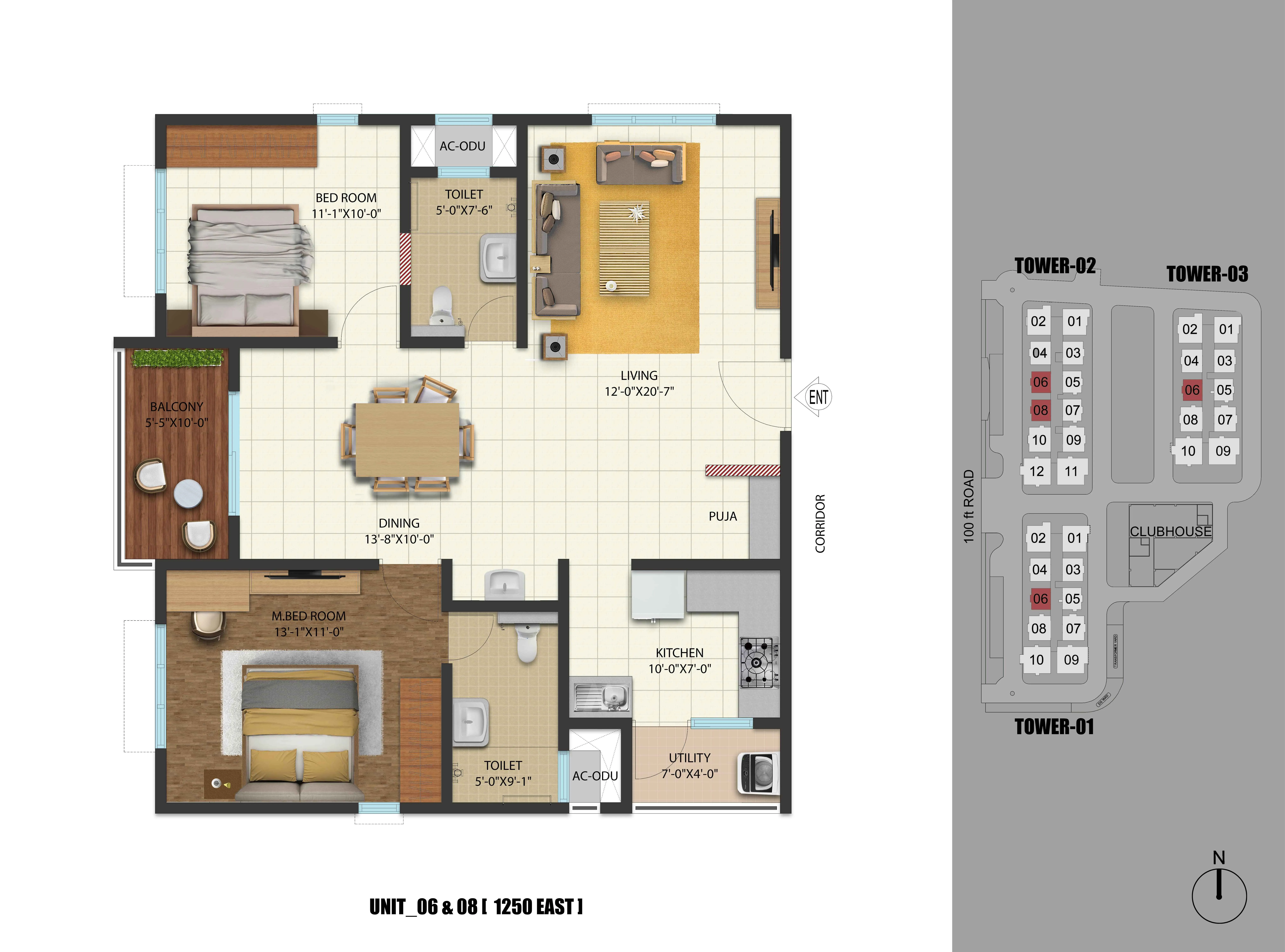 2 BHK East Facing Floor Plan