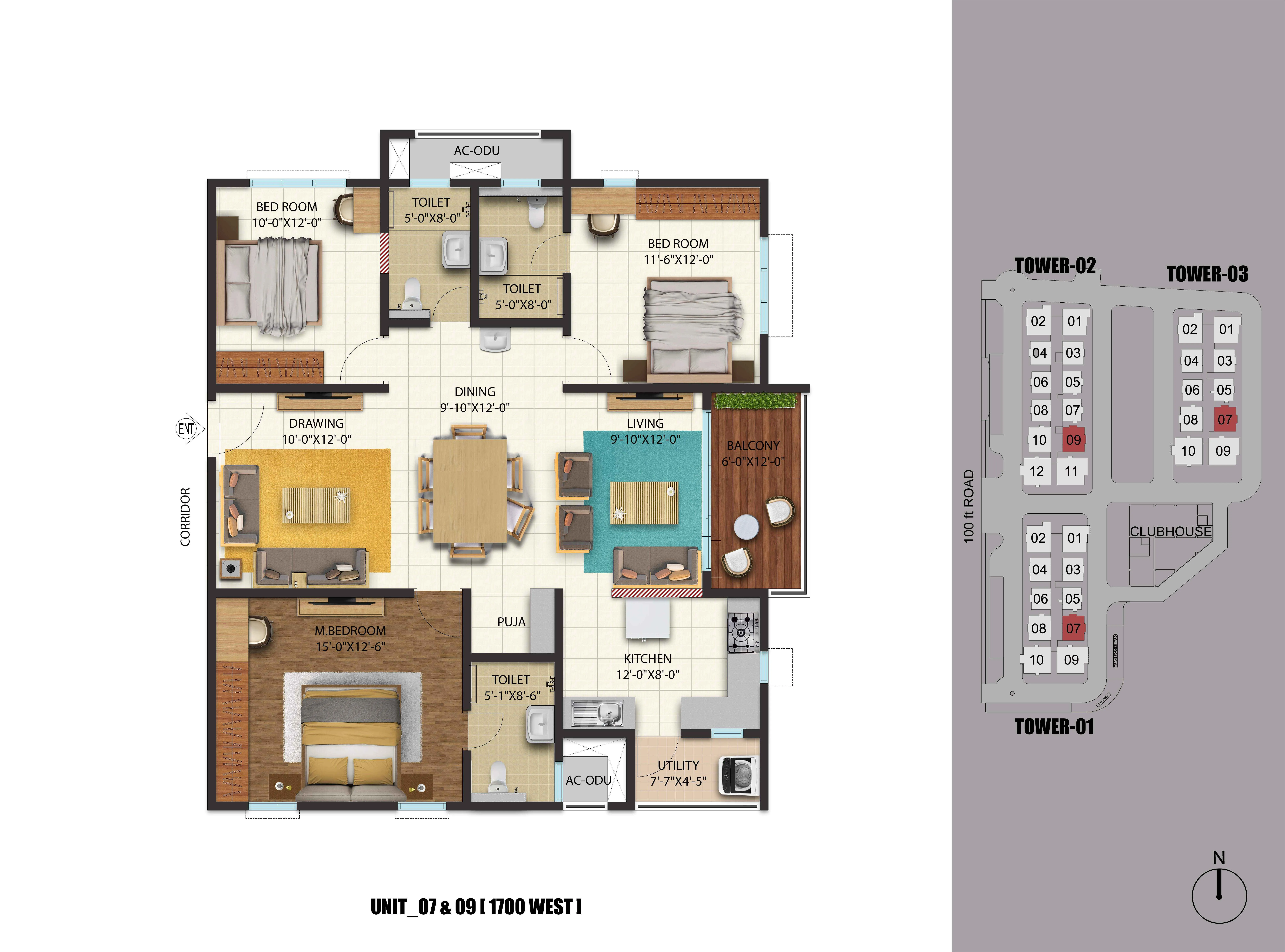 3 BHK 1700 West Facing Floor Plan