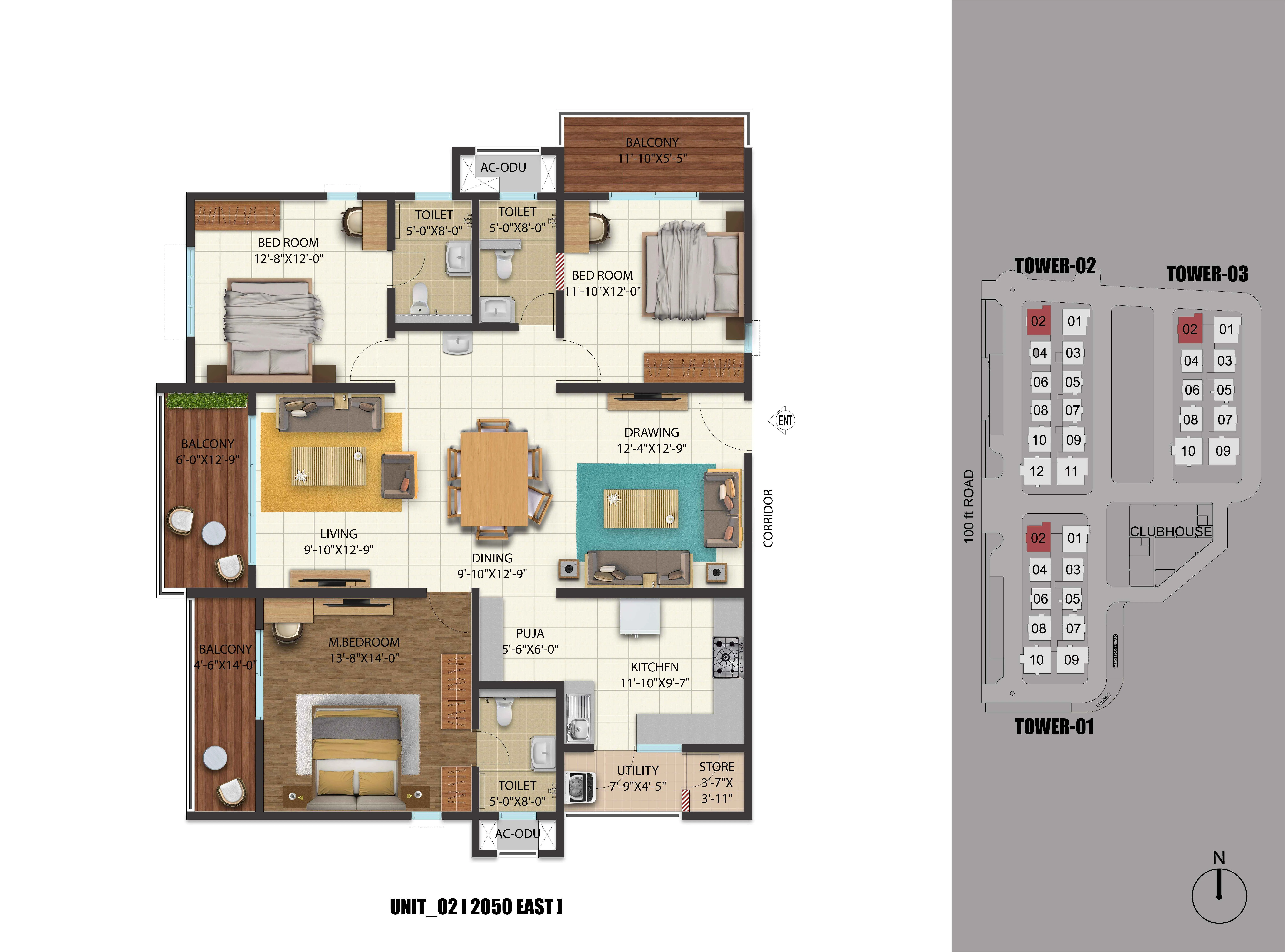 3 BHK 2050 East Facing Floor Plan