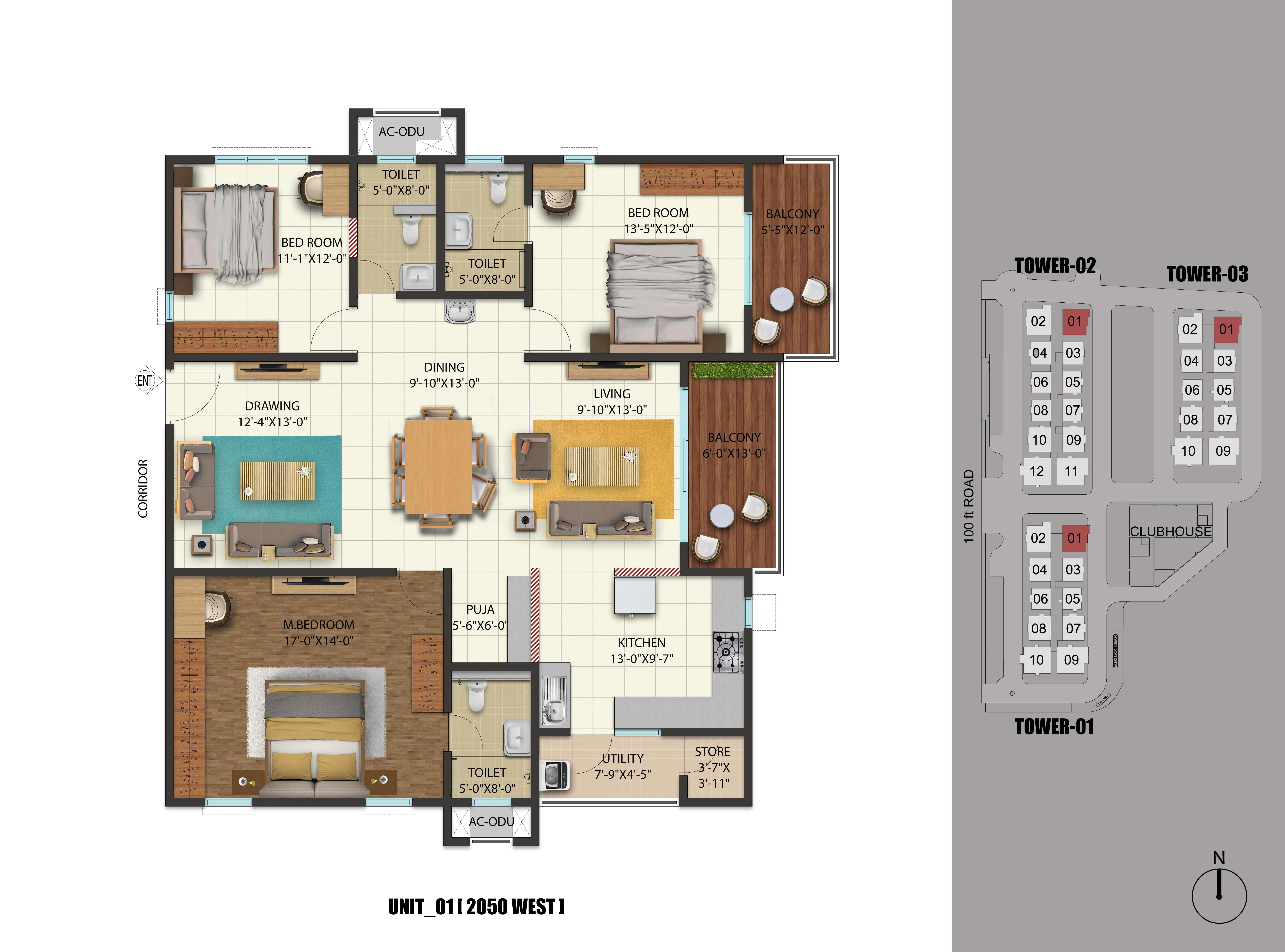 3 BHK 2050 West Facing Floor Plan
