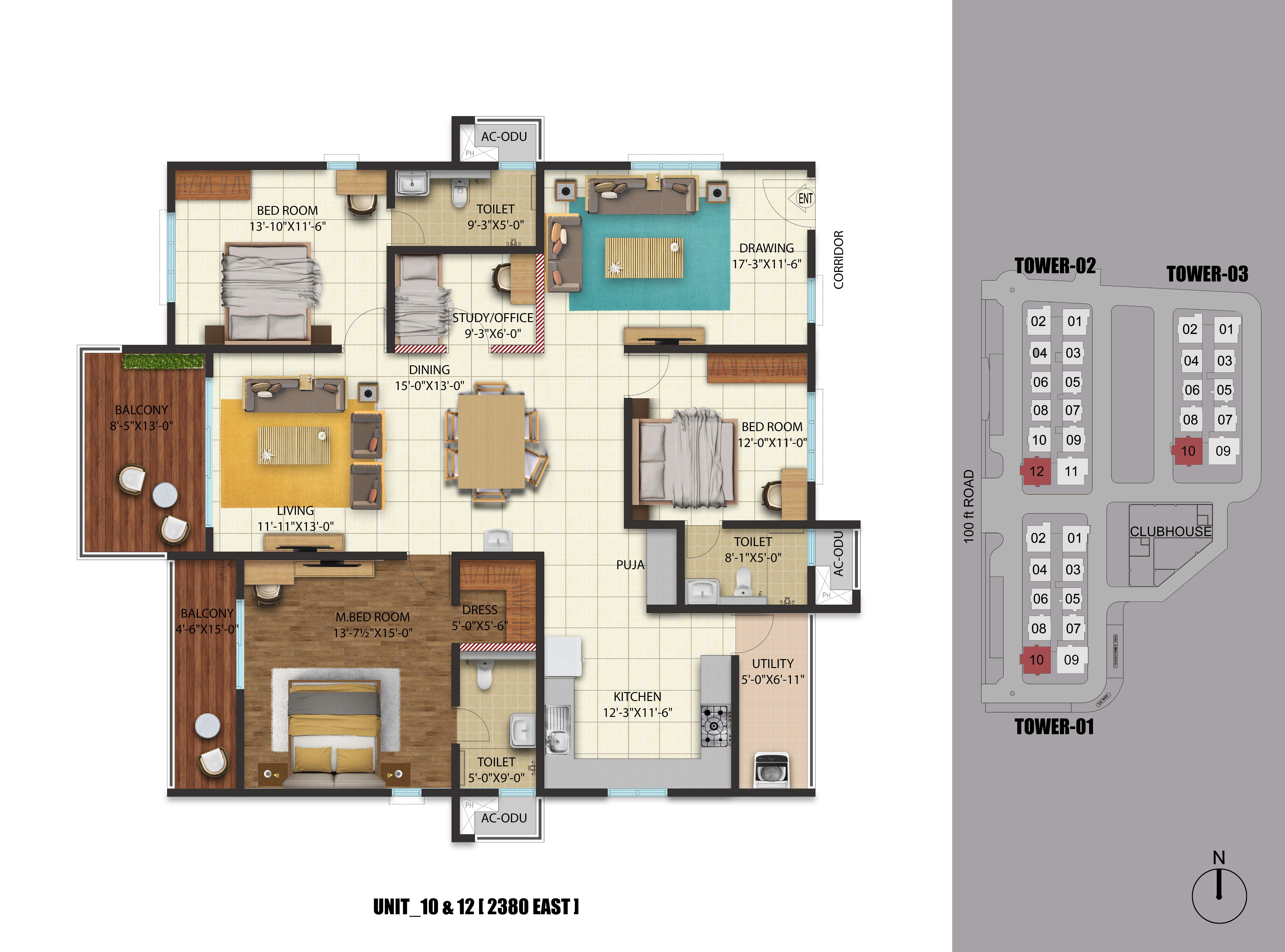 3+1 BHK East Facing Floor Plan of Luxury Apartments Near Hitech City, Madhapur, Hyderabad, Telangana